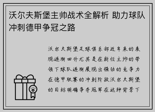 沃尔夫斯堡主帅战术全解析 助力球队冲刺德甲争冠之路