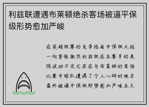 利兹联遭遇布莱顿绝杀客场被逼平保级形势愈加严峻