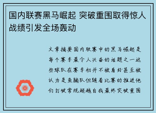 国内联赛黑马崛起 突破重围取得惊人战绩引发全场轰动