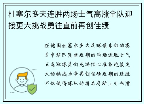 杜塞尔多夫连胜两场士气高涨全队迎接更大挑战勇往直前再创佳绩