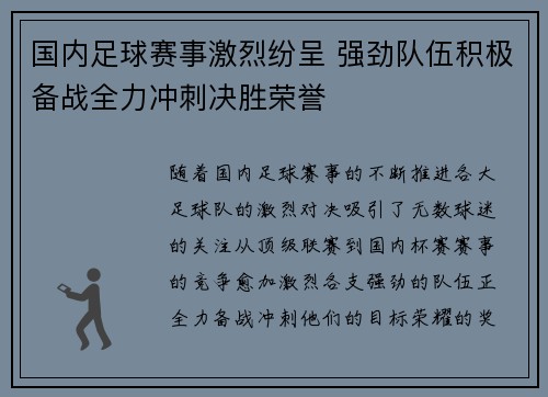 国内足球赛事激烈纷呈 强劲队伍积极备战全力冲刺决胜荣誉