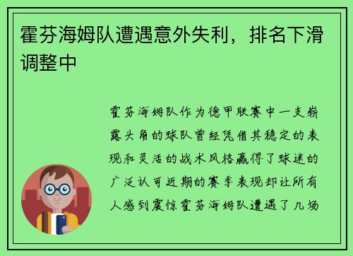 霍芬海姆队遭遇意外失利，排名下滑调整中
